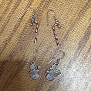 Holiday Candy Cane and Snowman Earring Set - Red, White, Silver